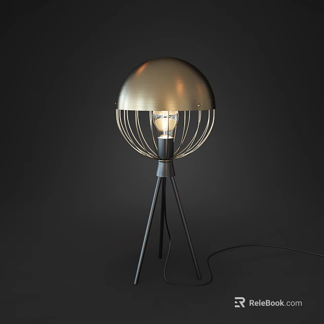 Modern Metallic Floor Lamp With Hemispherical Shade Tripod Base And Illuminated Bulb 3d model 