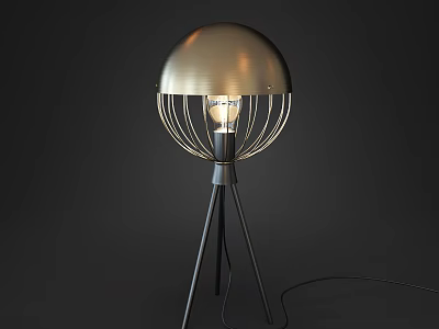 Modern Metallic Floor Lamp With Hemispherical Shade Tripod Base And Illuminated Bulb 3d model