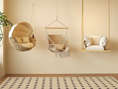 Three Stylish Hanging Chairs With Cushions Fringe And Beige Design In Cozy Indoor Space 3d model