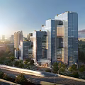 Modern High Rise Office Buildings With Glass Facade And Urban Surroundings