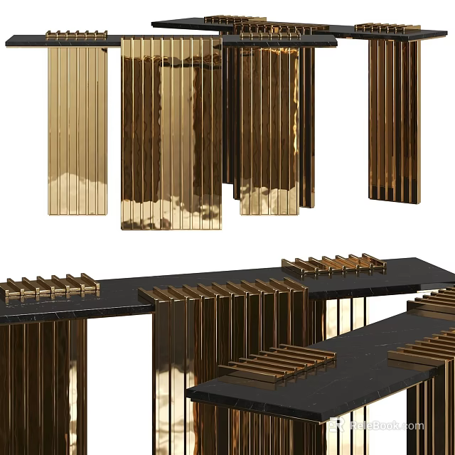 Elegant Modern Console Table With Golden Vertical Stripes And Black Top 3d model