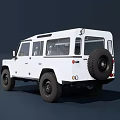 White Classic Off Road Vehicle With Rugged Exterior Yellow Headlights Black Tires And Roof Antenna
