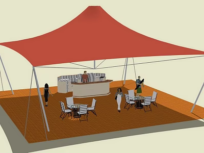 Red Tensile Membrane Structure Over Outdoor Dining Area With Tables Chairs and Bar Counter 3d model