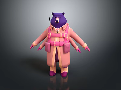 Cute Purple Cartoon Bear Character With Pink Coat Straps Gloves And Shoes 3d model
