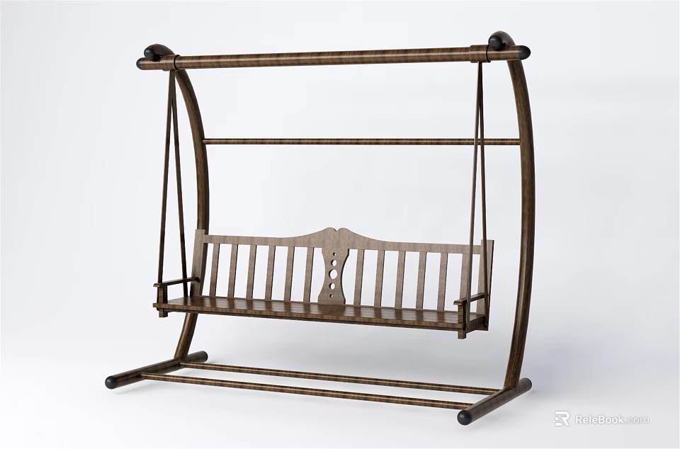 Wooden Swing Chair With Carved Backrest And Slatted Seat Sturdy Frame Design 3d model 