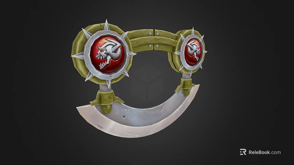 Ornate Green Metal Decorative Accessory With Spiked Frames Red Dragon Badges And Curved Silver Base 3d model 
