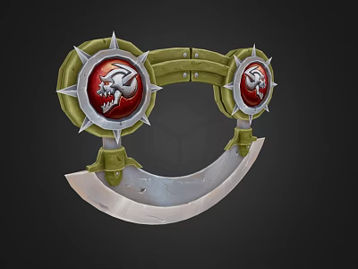 Ornate Green Metal Decorative Accessory With Spiked Frames Red Dragon Badges And Curved Silver Base 3d model