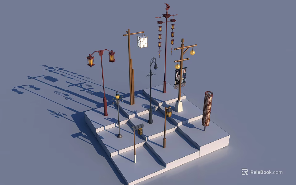 Stylish Outdoor Lights With Various Designs On White Platform Light Blue Background 3d model 