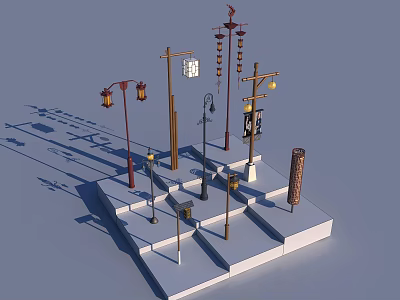 Stylish Outdoor Lights With Various Designs On White Platform Light Blue Background 3d model