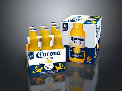 Corona Extra Beer Bottles In Yellow Design With 6 And 12 Pack Blue Packaging 3d model