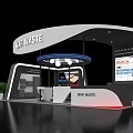 WAR WASTE Exhibition Booth With Modern Design Curved Roof Display Screen Tables Chairs Green Plants