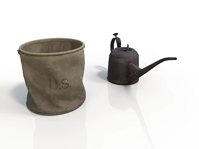 Vintage Canvas Bucket With U.S. Lettering And Iron Watering Can As Everyday Supplies 3d model