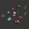 Collection of Various Miniature Models Including Lifebuoy Drone Boat Giraffe Lantern and Small House