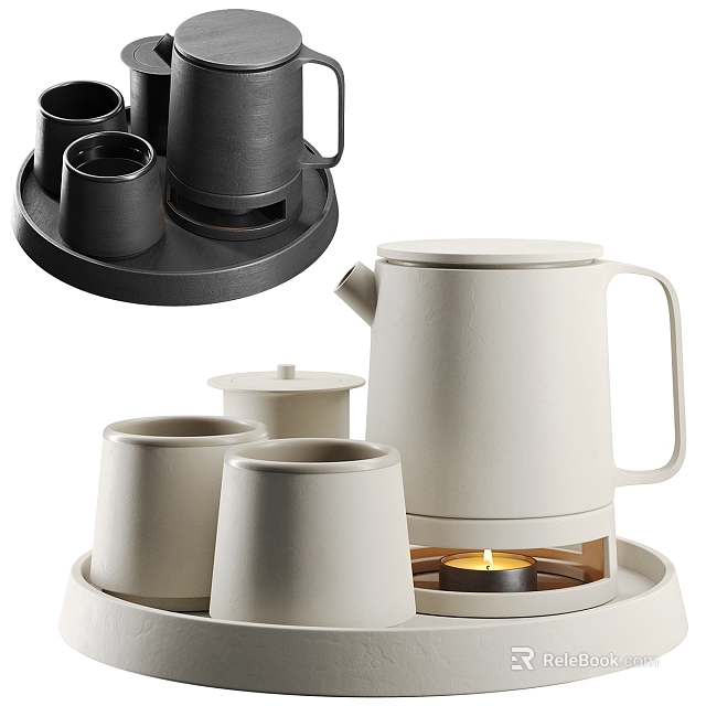 Modern Ceramic Tea Set with Black White Teapot Teacups and Candle Warmer Tray 3d model 