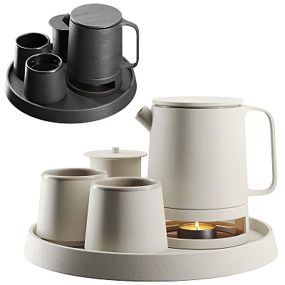 Modern Ceramic Tea Set with Black White Teapot Teacups and Candle Warmer Tray 3d model