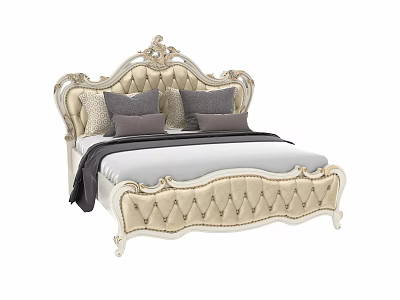 Elegant European Style Double Bed With Carved Headboard Tufted Upholstered Frame And Gray Beige Pillows 3d model