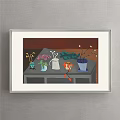 Scenic Landscape Painting With Sailboats On Calm Water And Coastal Buildings