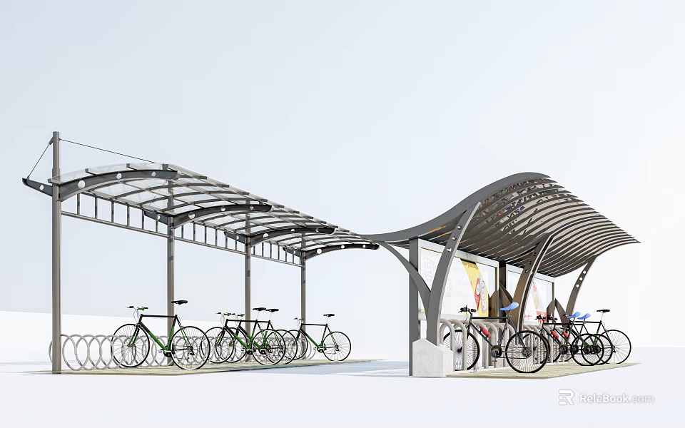 Outdoor Bike Parking Canopy With Curved Metal Roof And Bicycle Racks 3d model 