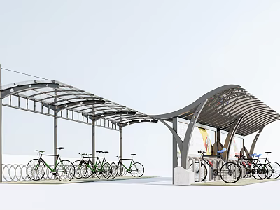 Outdoor Bike Parking Canopy With Curved Metal Roof And Bicycle Racks 3d model