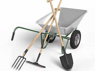 Essential Hardware Tools Including Wheelbarrow Garden Fork Rake And Shovel 3d model