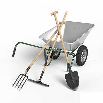 Essential Hardware Tools Including Wheelbarrow Garden Fork Rake And Shovel 3d model