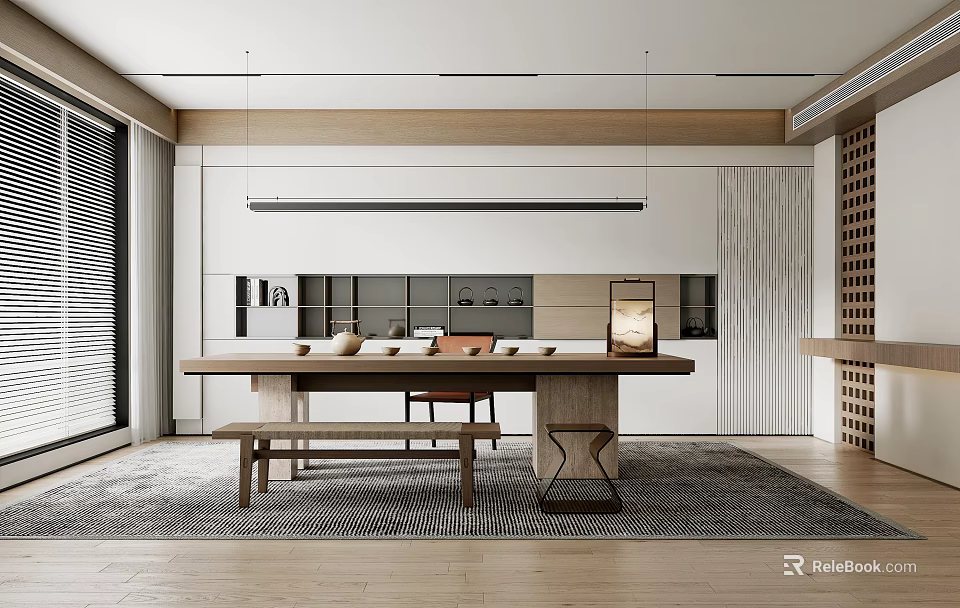 Modern Tea Room Interior Design Featuring Wooden Furniture Tea Sets And Warm Lighting 3d model 