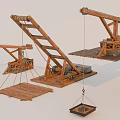 Ancient Wooden Crane Machinery With Lifting Platforms And Mechanical Structures 3d model