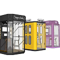 Public Telephone Booths In Black Yellow Purple Colors With Seats And Communication Equipment