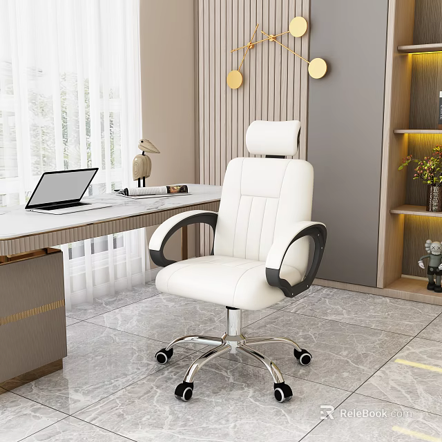 Modern Office Desk with White Chair Laptop Lamp Bookshelf Vase Round Lamps and Window Curtains 3d model 