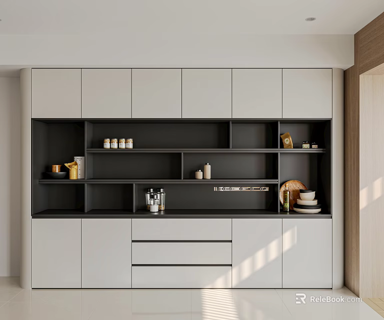 Modern Wine Cabinet With Gray Black Shelves Drawers And Wine Storage Accessories 3d model 