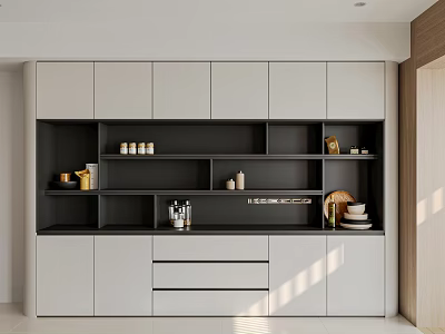 Modern Wine Cabinet With Gray Black Shelves Drawers And Wine Storage Accessories 3d model
