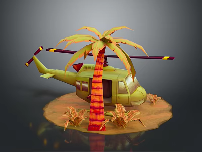 Detailed Helicopter And Palm Tree On Sandy Ground With Surrounding Plants 3d model
