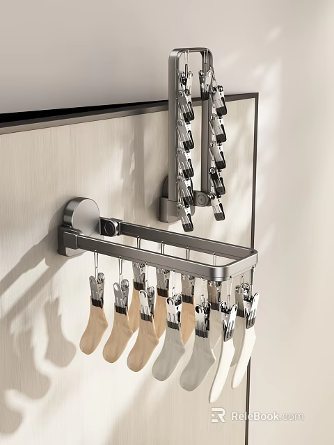 Modern Wall Mounted Metal Hanger As Household Supplies With Clothespins And Socks 3d model 