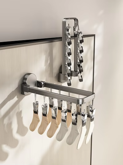 Modern Wall Mounted Metal Hanger As Household Supplies With Clothespins And Socks 3d model