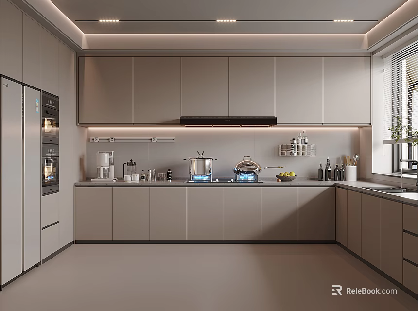 Modern Kitchen Interior With Gray Cabinetry Countertop Stainless Steel Appliances And Recessed Lighting 3d model 