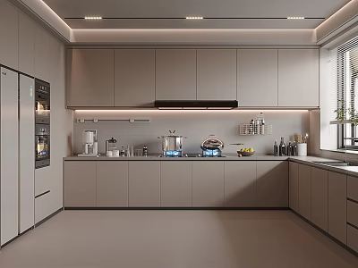 Modern Kitchen Interior With Gray Cabinetry Countertop Stainless Steel Appliances And Recessed Lighting 3d model