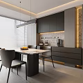 Modern Restaurant Interior Design With Dining Table Chairs Dark Cabinets And Pendant Lights