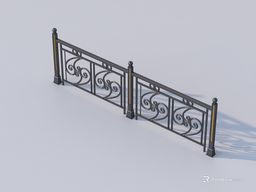 Ornate Wrought Iron Railing With Decorative Scroll Patterns And Vertical Support Posts 3d model 