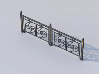Ornate Wrought Iron Railing With Decorative Scroll Patterns And Vertical Support Posts 3d model