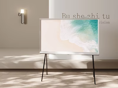 Modern Television with Tripod Stand Displaying Sea View in Minimalist Living Room Interior 3d model