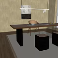 Modern Wooden Desk With Metal Frame And Brown Chair Stools Lighting Wall Art