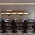 Modern Internet Cafe Interior With Gaming Chairs Computers Progress Wall Design And LED Lighting 3d model