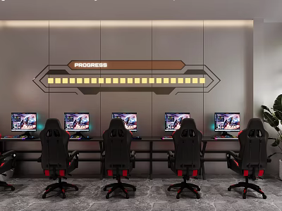 Modern Internet Cafe Interior With Gaming Chairs Computers Progress Wall Design And LED Lighting 3d model
