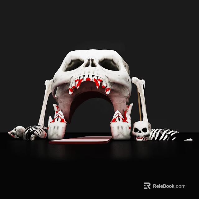 Spooky Halloween Skeleton Decor with Large Skull Open Mouth and Red Teeth 3d model 
