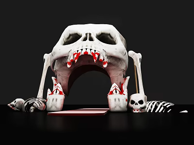 Spooky Halloween Skeleton Decor with Large Skull Open Mouth and Red Teeth 3d model