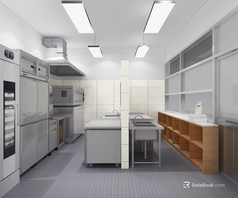 Commercial Kitchen Interior Design With Stainless Steel Equipment White Tiled Walls And Worktables 3d model 