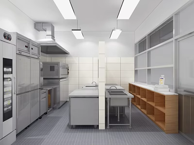Commercial Kitchen Interior Design With Stainless Steel Equipment White Tiled Walls And Worktables 3d model