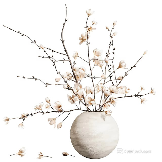 White Ceramic Vase with Natural Magnolia Branches and Delicate White Flowers 3d model 