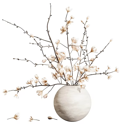 White Ceramic Vase with Natural Magnolia Branches and Delicate White Flowers 3d model