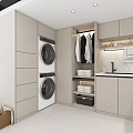 Modern Laundry Room Interior Design With Washing Machine Dryer Hanging Clothes Storage And Decorative Paintings